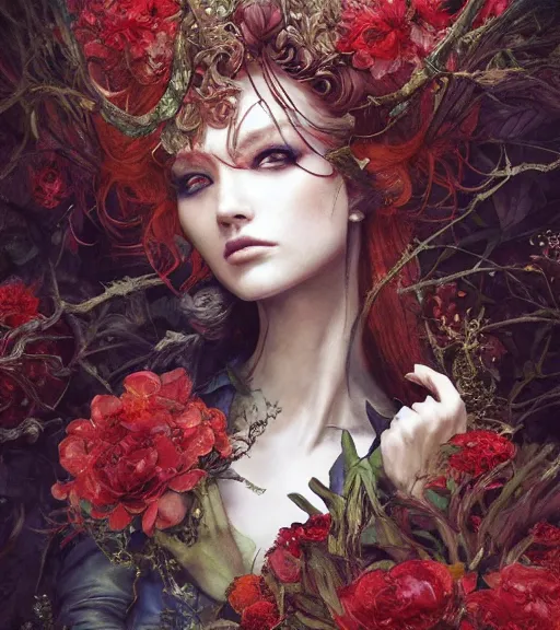 Image similar to portrait of the supreme queen of the blood cult, surrounded overgrowth and flowers 🍂 by Akihiko Yoshida, Yoshitaka Amano,Marc Simonetti, karol bak, WLOP, James Jean, tom bagshaw, rococo, trending on artstation, fantasy magic fashion girl portrait, glossy eyes, face, fantasy, elegant, highly detailed, digital painting, concept art, smooth, sharp focus, illustration, cinematic lighting, hyper realism, octane render, 8k, hyper detailed.