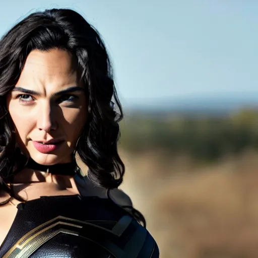 Prompt: a still of gal gadot a beautiful looking off into the distance, wavy long - length black hair, gold collar, white themyscira dress, beautiful brown eyes, medium shot, with a soft, natural light falling on her face. the focus is on her eyes and brows, which are perfectly shaped and well - defined. by annie leibowitz