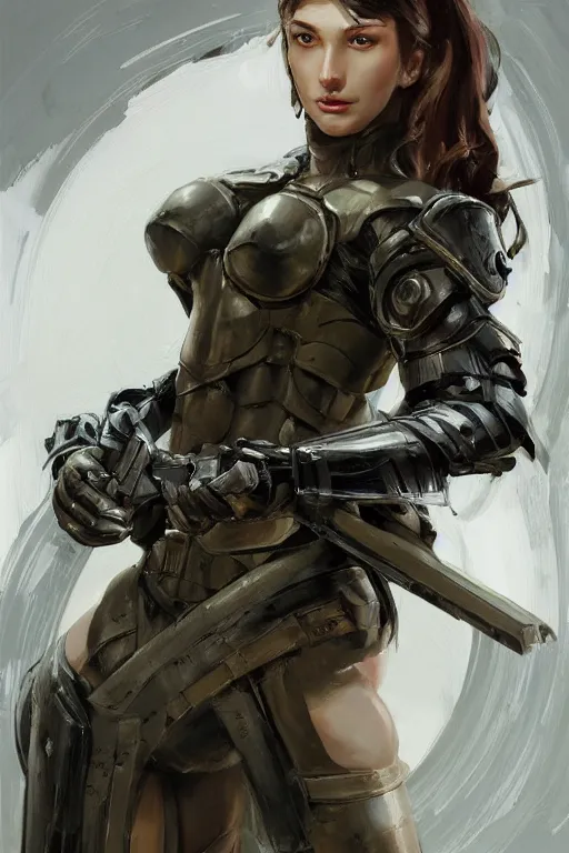 Image similar to a professionally painted portrait of an attractive young woman, clothed in military armor, olive skin, long dark hair, beautiful bone structure, symmetrical facial features, intricate, elegant, digital painting, trending on Artstation, concept art, smooth, sharp focus, illustration, from Metal Gear by Ruan Jia and Mandy Jurgens and Artgerm and William-Adolphe Bouguerea, award winning