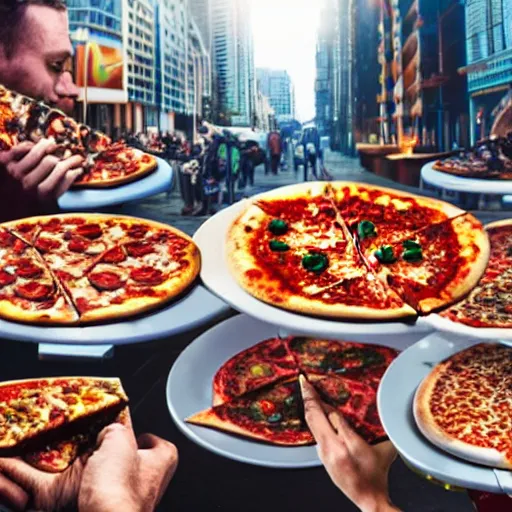 Image similar to people eating pizza in a futuristic city, 8k ultra hd, hyper detailed