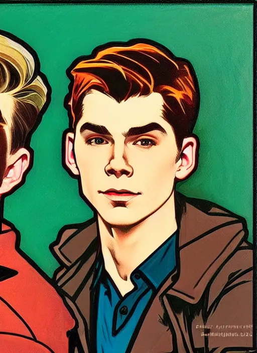 Prompt: oil portrait of archie andrews with a really small jughead jones sitting on his shoulder, they are two different people, intricate, elegant, highly detailed, lighting, painting, artstation, smooth, illustration, art by greg rutowski and alphonse mucha