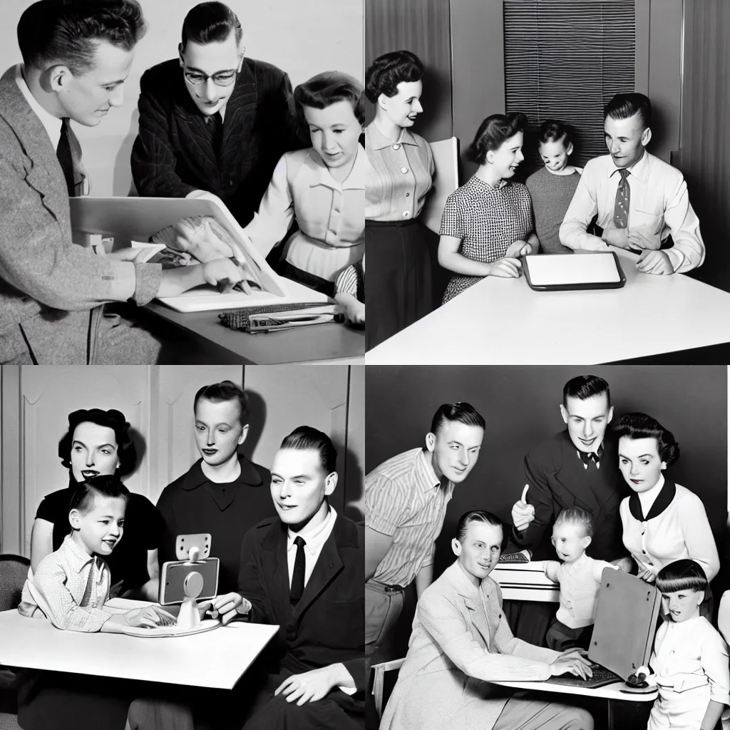 Prompt: 1950s future design family in front of a computer
