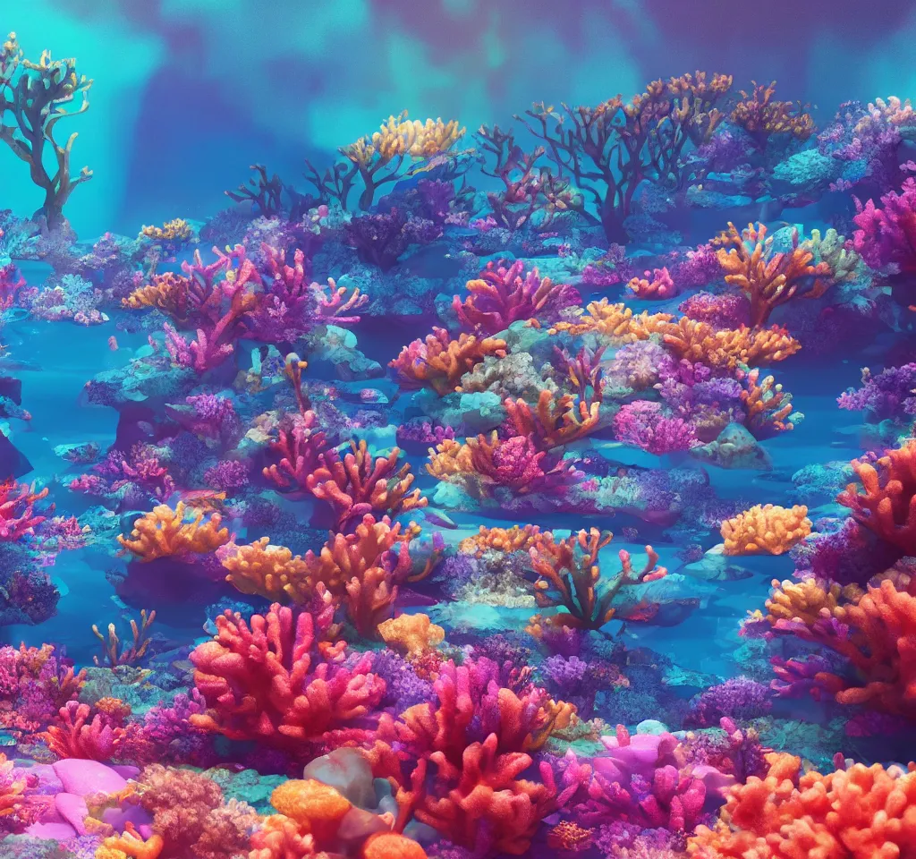 Image similar to underwater neon coral reef landscape magical realism painting with sun rays coming from above, neon pastel colors, octane render, maya, cinema 4d