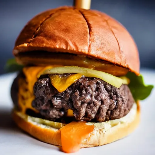 Image similar to closeup photo of most delicious cheeseburger with chocolate truffles inside