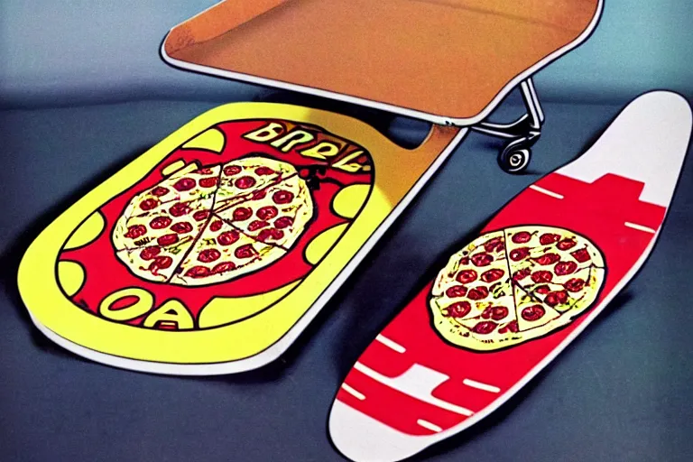 Image similar to 80s, skateboard, supremepizza, advertisement