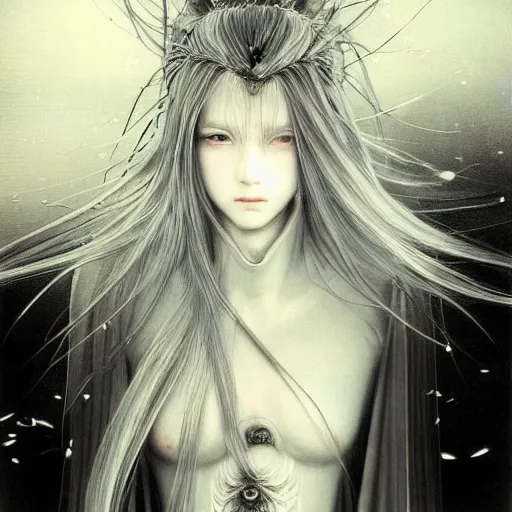 Image similar to Yoshitaka Amano blurred and dreamy illustration of an anime girl with wavy white hair and cracks on her face wearing Elden ring armour with the cape fluttering in the wind, abstract black and white patterns on the background, noisy film grain effect, highly detailed, Renaissance oil painting, weird portrait angle