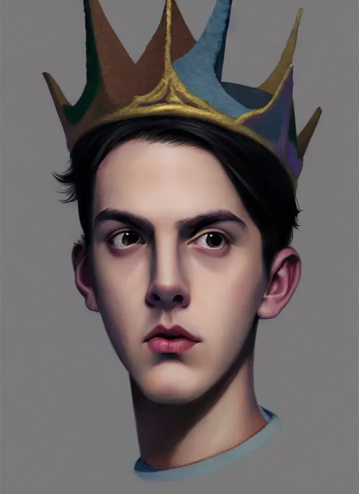 Image similar to portrait of teenage jughead jones wearing a light grey crown, photorealistic, crown made of felt fabric, crown, crown made of felt, black hair, intricate, elegant, highly detailed, digital painting, glowing lights, artstation, concept art, smooth, sharp focus, illustration, art by wlop, mars ravelo and greg rutkowski