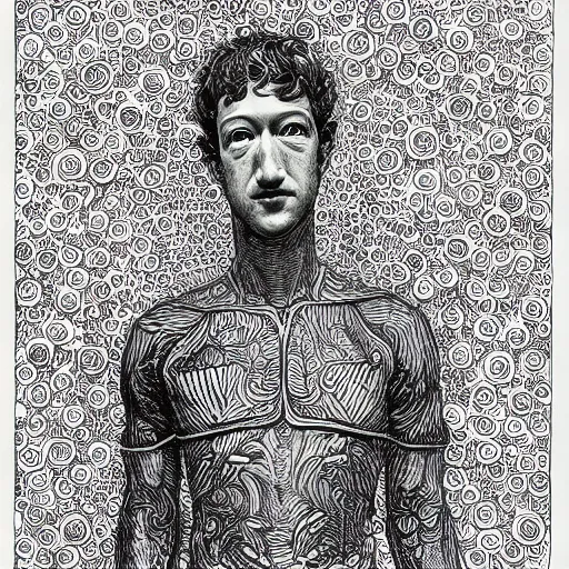 Prompt: the inner self of mark zuckerberg, psychedelic, lsd, epic beautifully detailed pen, ink and copic markers drawing by milo manara