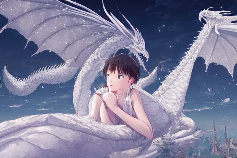 Prompt: a hyper detailed big render that beautiful princess lie on the ground be surrounded in the white clouds fairyland center by a huge silver white dragon, finely detailed angelic face, style of studio ghibli, makoto shinkai, xision, ilya kuvshinov and artgerm, kazuki tanahashi, james jean, animation style, golden curve composition, ultra wide angle