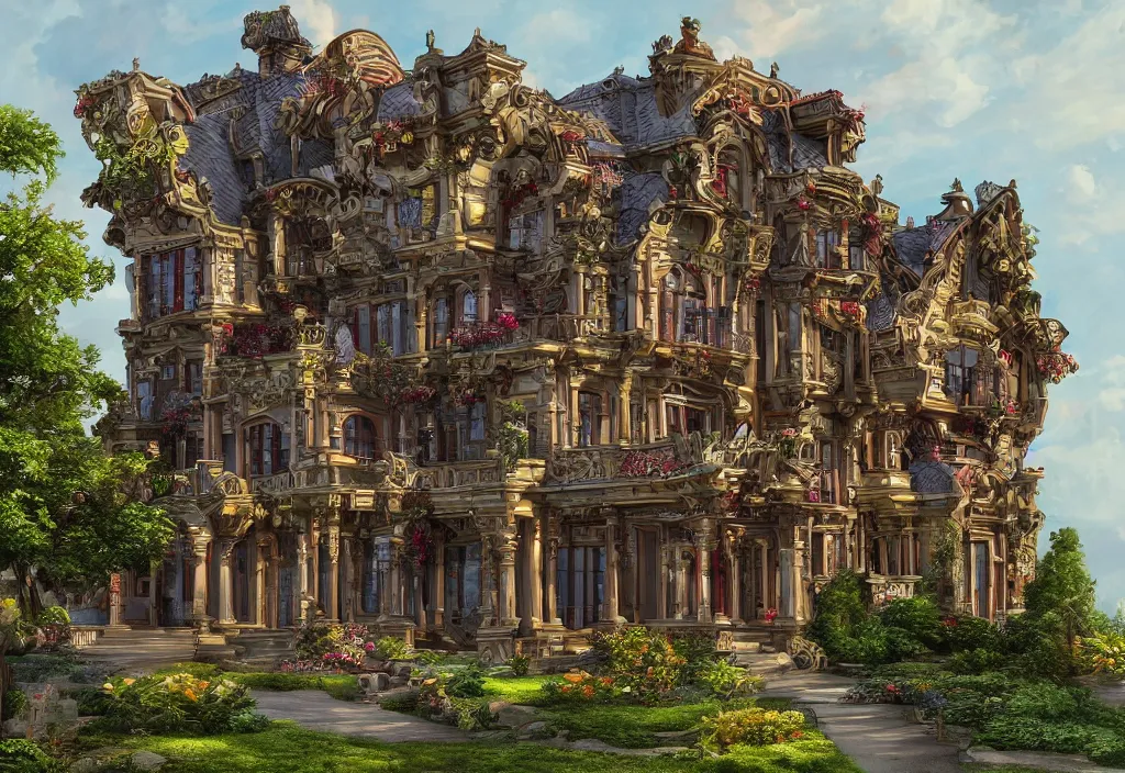 Prompt: a mansion, trending on artstation, vibrant colors, gorgeous, beautiful, magnificent, high quality, 8 k, very detailed, intricate