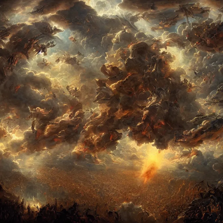 Image similar to hundreds of rebel angels falling from heaven as meterorites, epic lighting, disaster clouds, michael bay, john martin, apocalyptic
