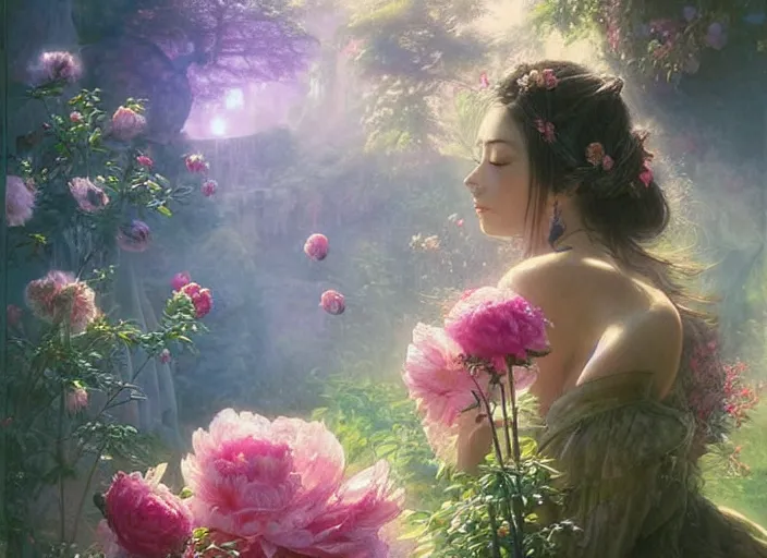 Prompt: ancient fantasy garden, beautiful woman caring for peonies, fantasy world, ethereal back light, low global light, mist, coherent composition, 7 5 3 8, detailed fantasy painting, noriyoshi ohrai, yuumei