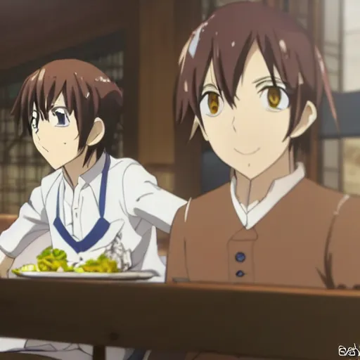 Image similar to Aymeric de Borel in a restaurant slice of life anime. Key frame. still from 3d tv anime, Kyoto animation studio, Flash photography