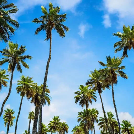 Image similar to surreal palm trees floating floating floating in blue sky, random positions floating, flying