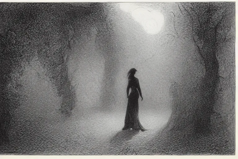 Image similar to black and white, young french woman in the night park, Gustave Dore lithography