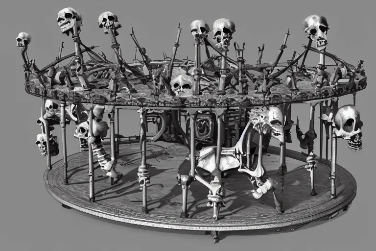 Prompt: 3d sculpt of an evil ironwork carousel made of bones and skulls, artstaton, League of Legends, red dead redemption2, overwatch, digital illustration