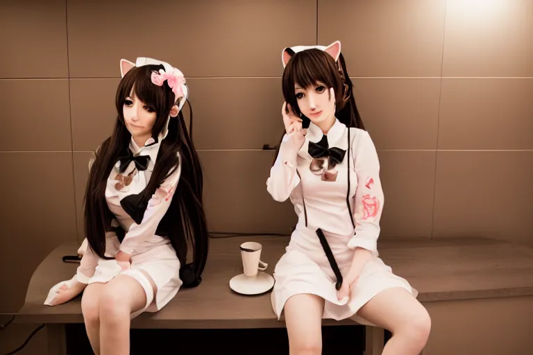 japanese catgirls caffe, dressed, symmetrical,, Stable Diffusion