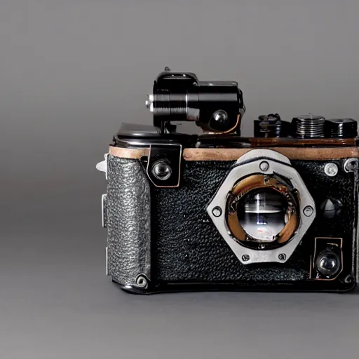 Prompt: product photo of a steampunk medium format camera that looks like a hasselblad