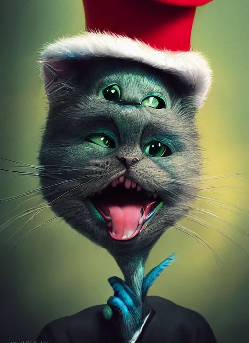 Image similar to complex 3 d render, hyper detailed, ultra sharp, of the cat in the hat, scary, comical, cinematic, natural soft light, rim light, octane render, artstation, art by artgerm and greg rutkowski and alberto seveso, dr seuss