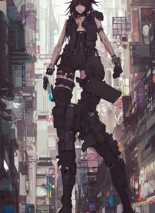 Image similar to hyper - realistic cyberpunk anime woman, standing on tokyo street, extreme detail, concept art, in style of yoji shinkawa, pan ren wei, col price, atey ghailan, by greg rutkowski, by greg tocchini, by james gilleard, by joe fenton, by kaethe butcher, aesthetic