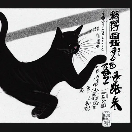 Image similar to a black and white drawing of a cat, an illustration of by gatoken shunshi, pixiv contest winner, dynamic pose, official art, sabattier effect