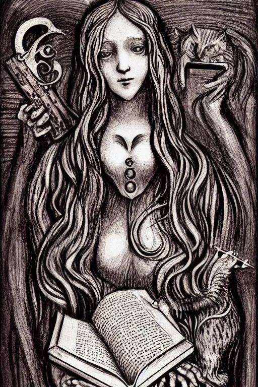 Image similar to da vinci illustration of romantic girl, her cat and her book of necronomicon, symmetrical, cinematic, sharp focus, 4 k, ultra hd, sense of awe, sinister demonic atmosphere, dreadful, forbidden knowledge, old gods, cthulhu, yog - sothoth! yah, yah, yah! cultist journal cover