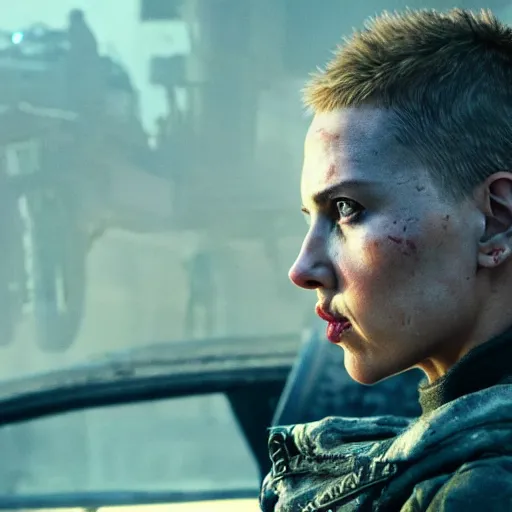 Image similar to Fury Road scarlett johansson after a bad mission in Cyberpunk 2077. CP2077. 3840 x 2160