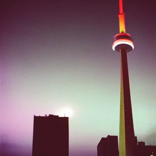 Prompt: photo of CN tower at night, neon lights, cinestill, 800t, 35mm, full-HD