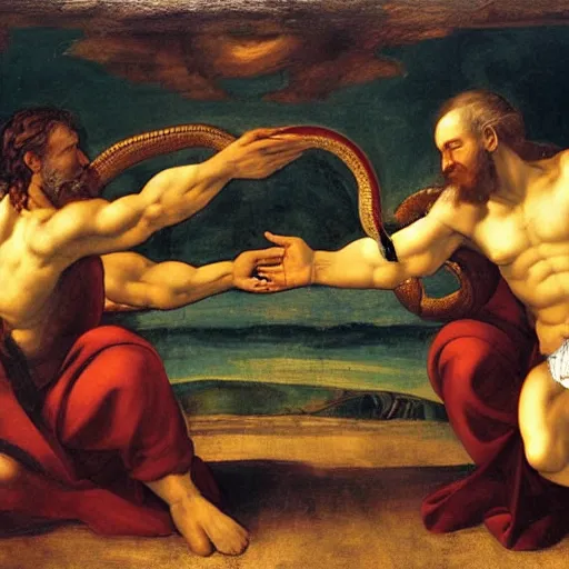 Prompt: the creation of a snake by Michaelangelo, oil painting