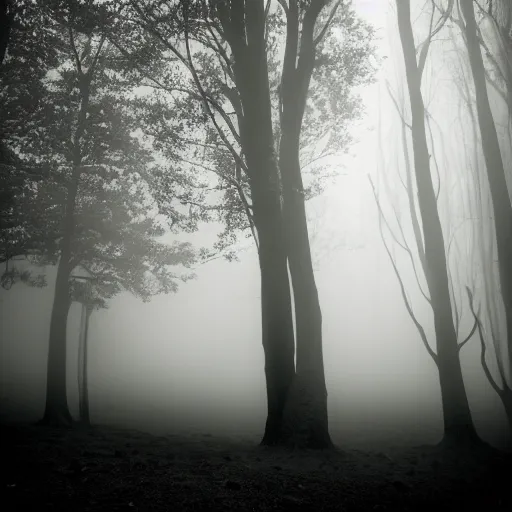 Image similar to deep misty forest with black hairy demon behind the tree, monochrome lomography