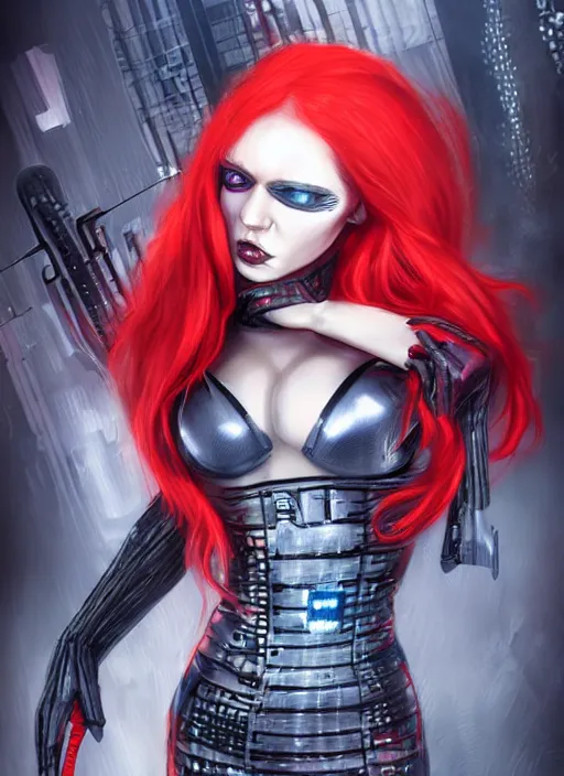 Prompt: a full body beautiful woman with red hair and blue eyes, wearing a cyberpunk outfit by hr giger, artgerm, sakimichan, weapons, electronics, high tech, cyber wear, latex dress, bandage, concept art, fantasy, cyberpunk