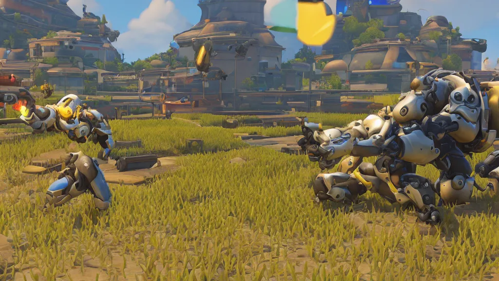 Image similar to Screenshot from Overwatch, at a countryside corn field