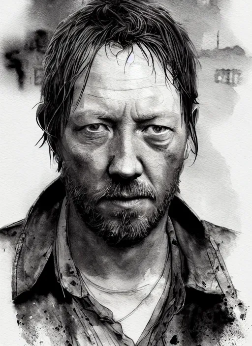 Image similar to portrait, Tom Yorke in the Last of US universe, watercolor, dramatic lighting, cinematic, establishing shot, extremely high detail, foto realistic, cinematic lighting, pen and ink, intricate line drawings, by Yoshitaka Amano, Ruan Jia, Kentaro Miura, Artgerm, post processed, concept art, artstation, matte painting, style by eddie mendoza, raphael lacoste, alex ross