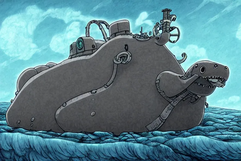 Prompt: cell shaded cartoon of a giant lovecraftian mechanized grey seal from howl's moving castle ( 2 0 0 4 ), in an icy river, full body, wide shot, very muted colors, post grunge, studio ghibli, highly detailed, deviantart, art by artgem