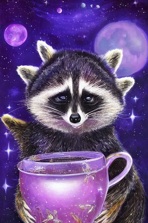 Prompt: purple stelar raccoon, fantasy tea dark and colorful, bright sparkling lights realistic night sky, stars, moon, bright crystal lanterns 3d, depth details In the art style of Victor Nizovtsev