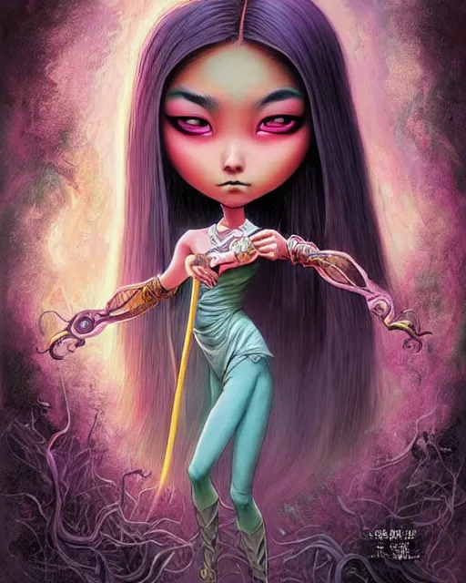 Prompt: an epic fantasy comic book style painting of a young malaysian woman, flying magician, lace, expressive, pastel palette, dark piercing eyes, tan skin, beautiful futuristic hair style, awesome pose, character design by mark ryden pixar hayao miyazaki, ue 5