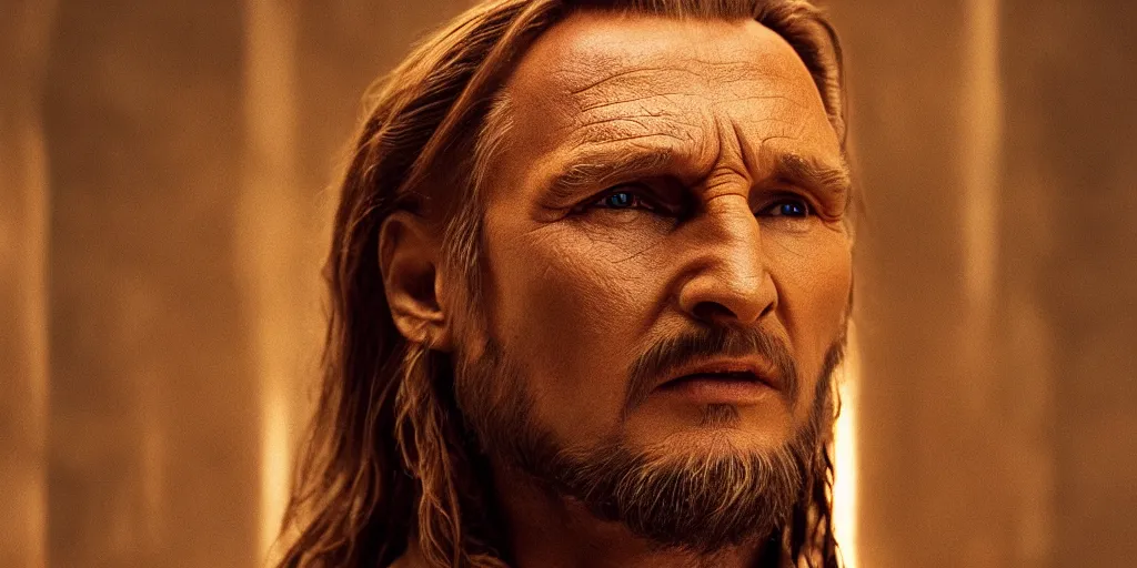 Image similar to golden head sculpture of qui - gon jinn liam neeson 4 k, movie still, uhd, sharp, detailed, cinematic, render, modern