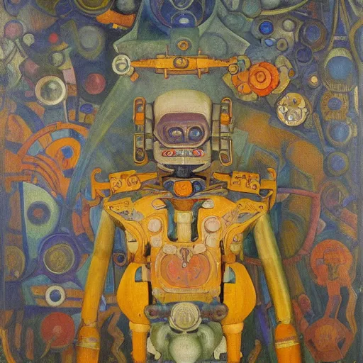 Image similar to painting of the mechanical robot in a floral mask, by annie swynnerton and diego rivera and nicholas roerich and jean delville, symbolist, dramatic lighting, elaborate geometric ornament, art brut, soft cool colors, smooth, sharp focus, extremely detailed, adolf wolfli and donato giancola