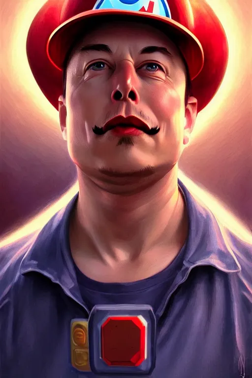 Image similar to elon musk as mario from the super mario bros, realistic portrait, symmetrical, highly detailed, digital painting, artstation, concept art, smooth, sharp focus, illustration, cinematic lighting, art by artgerm and greg rutkowski and alphonse mucha