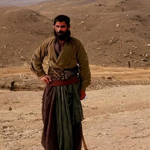 Image similar to Kurdish shepherd wearing Kurdish clothes in a movie directed by Christopher Nolan, movie still frame, promotional image, imax 70 mm footage