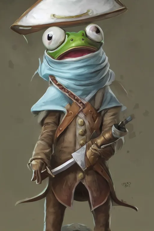 Prompt: cute anthropomorphic frog wearing a white butcher coat with a white butcher hat and holding a cleaver knife ,tiny, small, miniature frog, baby animal, short, pale blue armor, cute and adorable, pretty, beautiful, DnD character art portrait, matte fantasy painting, cgsociety Artstation, by Jason Felix by Steve Argyle by Tyler Jacobson by Peter Mohrbacher, cinematic lighting