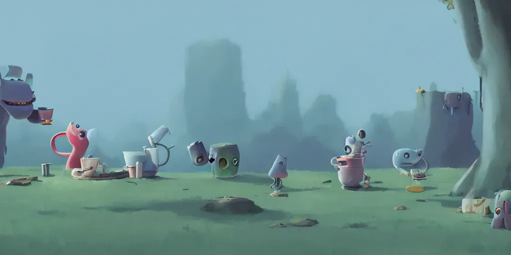 Image similar to cute monsters drinking tea by Goro Fujita and Simon Stalenhag , 8k, trending on artstation, hyper detailed, cinematic