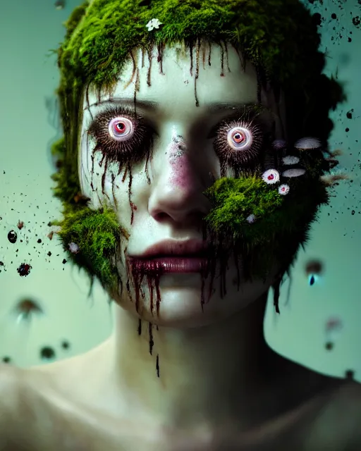 Image similar to a disturbing digital horror arthouse photograph of a beautiful crying woman with flowers moss and fungus growing out of her head and petals dripping from her eyes, intricate, sharp focus, cinematography, highly detailed, octane render, digital horror artwork, matte, photography by professional photographer