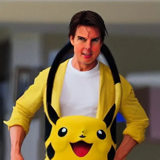 Prompt: Tom Cruise Cosplaying as Pikachu, improbable, detailed, action pose