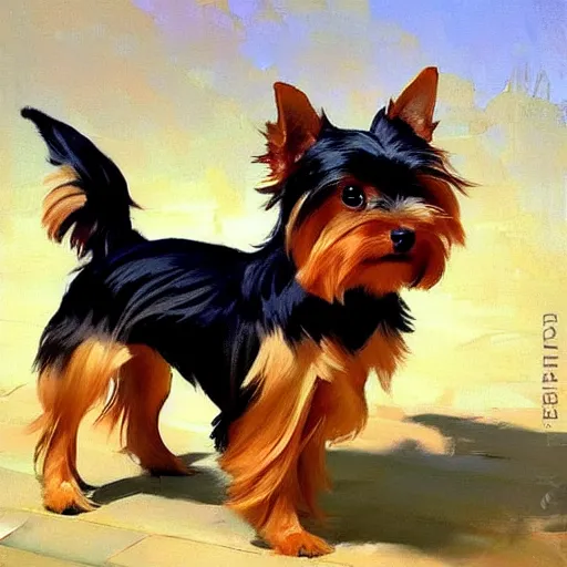 Prompt: yorkshire terrier, by studio ghibli painting, by joaquin sorolla rhads leyendecker, an aesthetically pleasing, dynamic, energetic, lively, well - designed digital art, by ohara koson and thomas kinkade, traditional japanese colors, superior quality, masterpiece