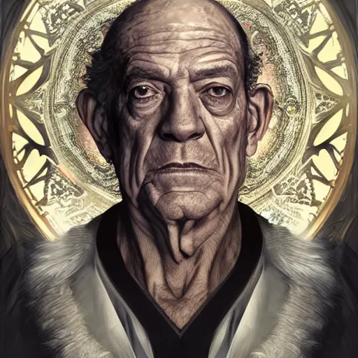 Prompt: portrait of Hector Salamanca as Lucifer, elegant, intricate, headshot, highly detailed, digital painting, artstation, concept art, sharp focus, illustration, art by artgerm and greg rutkowski and alphonse mucha