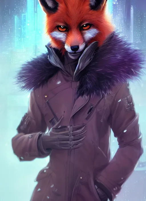 Image similar to award winning beautiful portrait commission of a male furry anthro melanated fox fursona with a tail and a cute beautiful attractive detailed furry face wearing stylish cyberpunk clothes in a cyberpunk city at night while it rains. Character design by charlie bowater, ross tran, artgerm, and makoto shinkai, detailed, inked, western comic book art