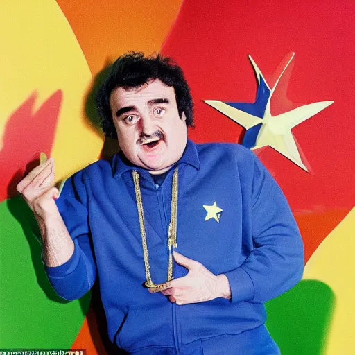 Image similar to a man who looks like john belushi mixed with gordon brown, wearing a rainbow coloured tracksuit and big gold star shaped medallion