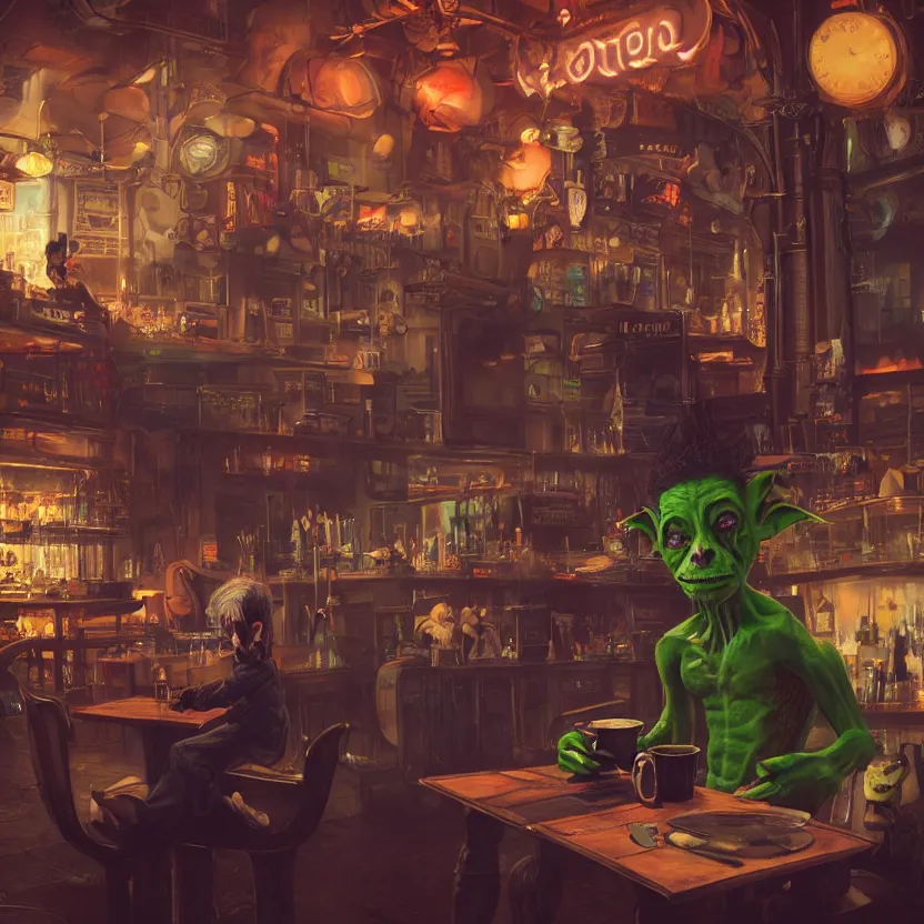 Image similar to a bored male goblin punk sitting at a table in a cafe in a cyberpunk city, sharp focus, highly detailed face, 8k, unreal engine 5, cinematic lighting, vivid elegant fantasy concept art, character art, stern neon atmosphere, artstation, deep complimentary colors, volumetric lighting, photorealistic, hyperdetailed 3D matte painting, hyperrealism, hyperrealistic masterpiece