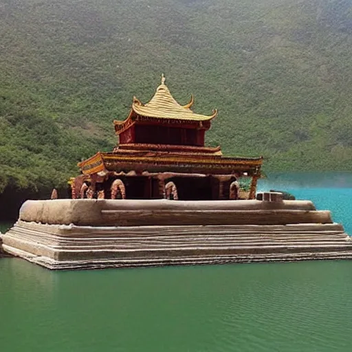 Image similar to floating temple in the middle of a large lake dedicated to the worship of sphinx cats